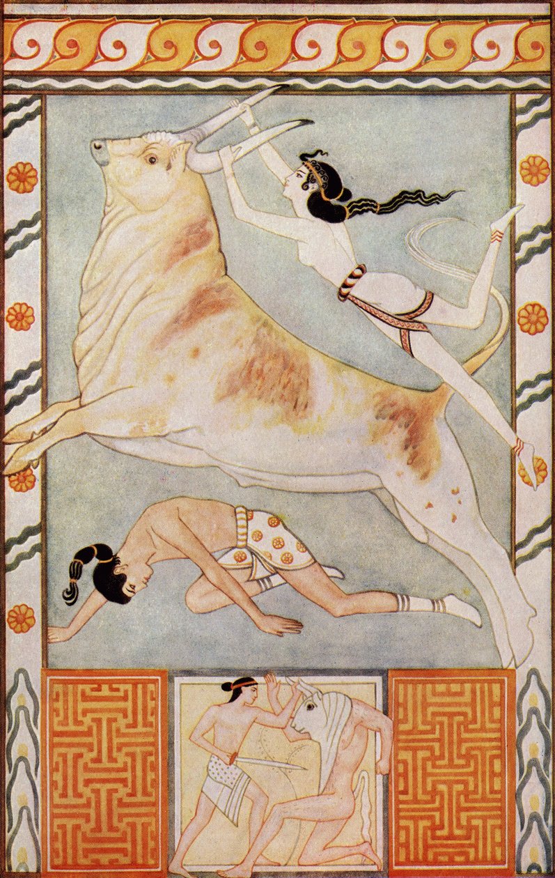 The Bull Baiters, illusztráció Donald A. Mackenzie „Myths of Crete and Pre-Hellenic Europe” című művéből, 1917-ben megjelent alkotó: after John Duncan