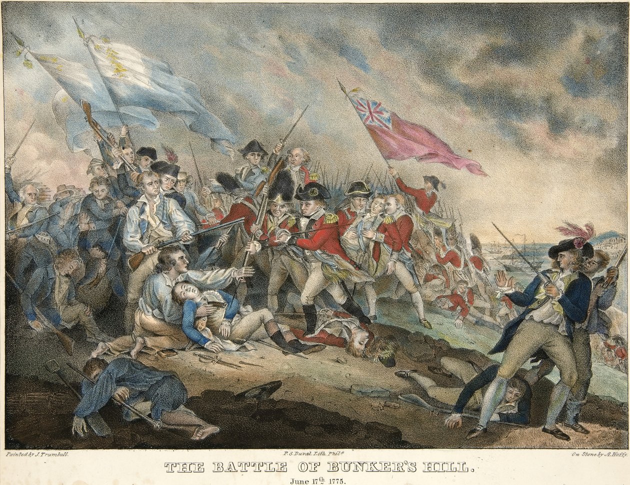 The Battle of Bunkers Hill, 1775. június 17., vésette Alfred Hoffy (kb.1790-1860), kocsma. 1786 (kézzel színezett metszet) alkotó: after John Trumbull