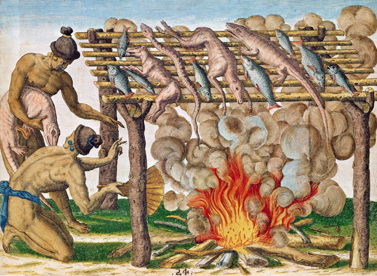 Az állatok grillezése a „Brevis Narratio...” című könyvből, Theodore de Bry, 1591 alkotó: after Le Moyne, J.Bry