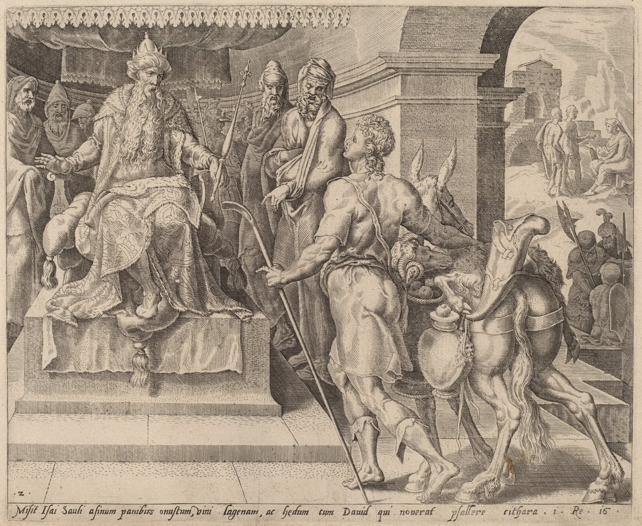 Dávid ajándékokat hoz apjától Saulnak alkotó: after Maerten van Heemskerck