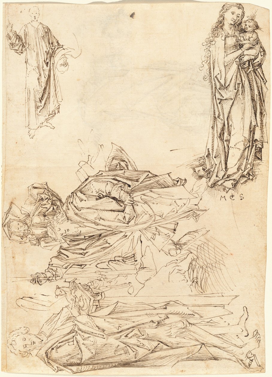 Szent Kristóf, Keresztelő Szent János, a Szűz és a Gyermek és a Krisztus-áldás (recto) alkotó: after Martin Schongauer Master of the Drapery Studies