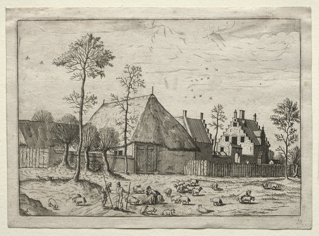 Kilátás a falvakra Brabantban és Campine-ben: Pásztorok nyájjal alkotó: after Master of the Small Landscapes