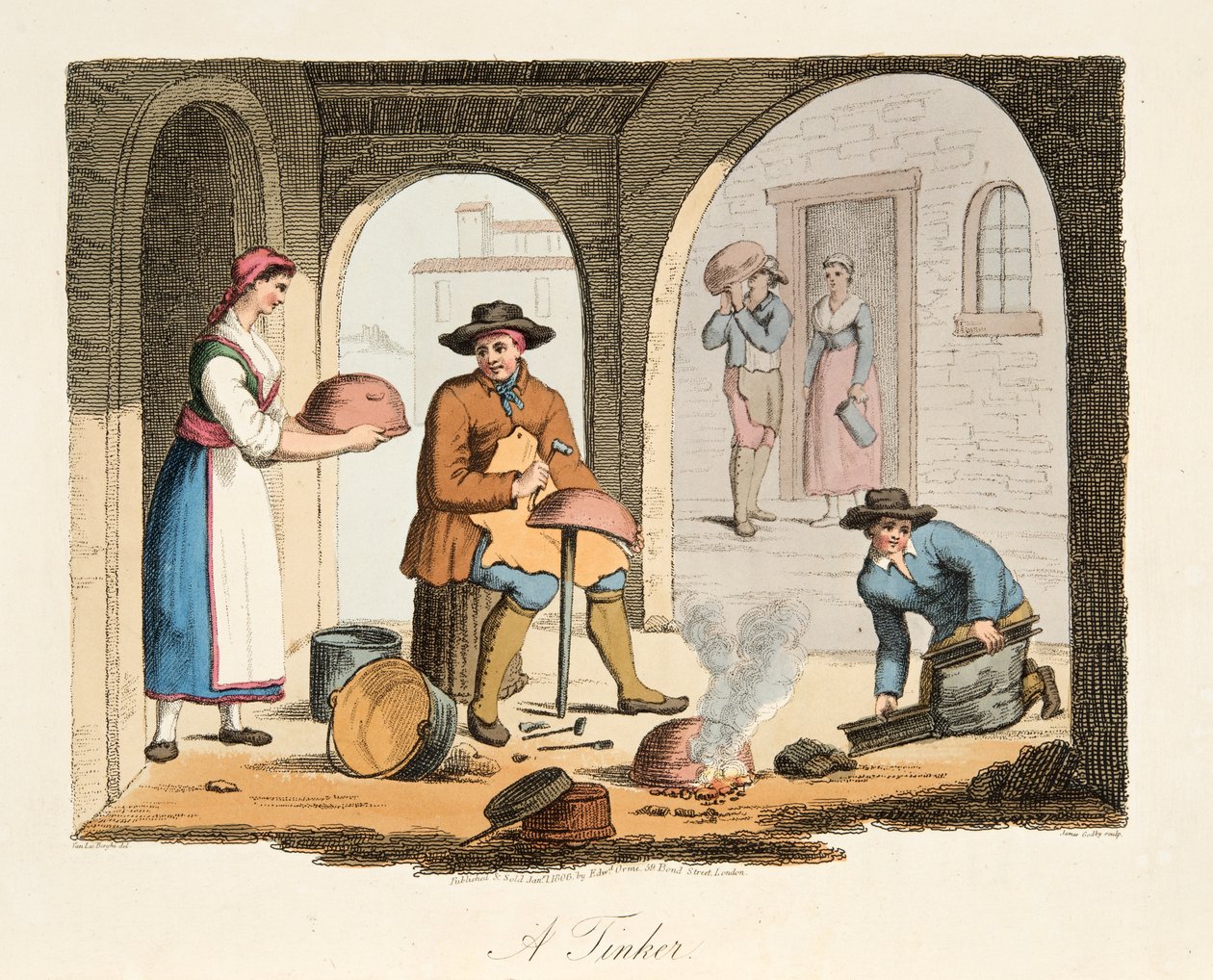Utazó Tinker, az olasz tájakról, Olaszország különböző államainak szokásait, szokásait és szórakozásait képviseli, pub. 1806 (kézzel színezett metszet) alkotó: after P. van Lerberghi