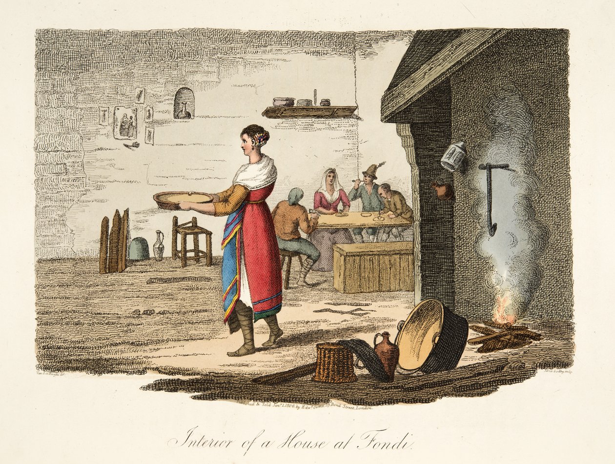 Egy Fondi-i ház belseje, az olasz tájból, amely Olaszország különböző államainak szokásait, szokásait és szórakozásait képviseli, pub. 1806 (kézzel színezett metszet) alkotó: after P. van Lerberghi