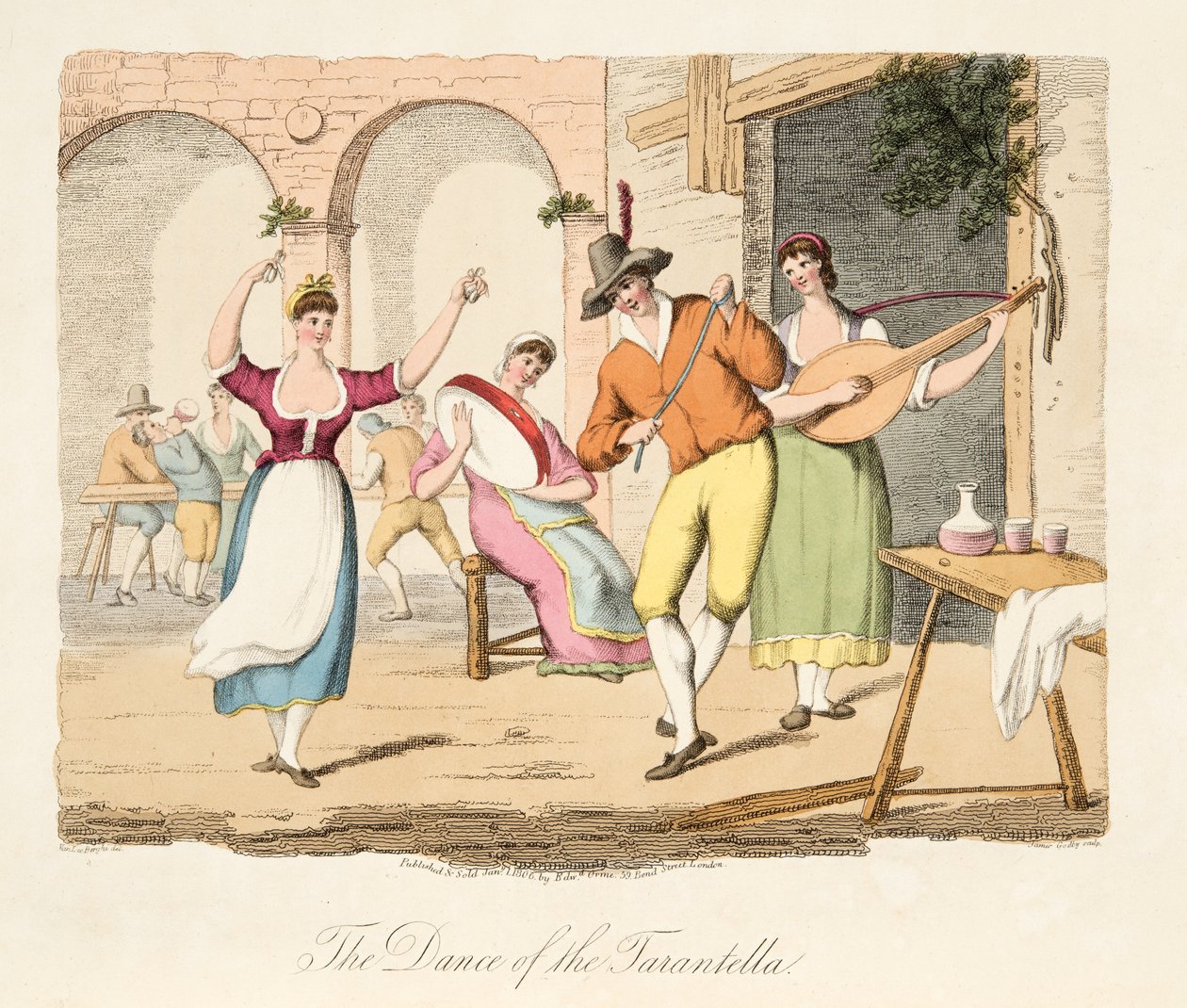A Tarantella tánca, olasz díszletből, Olaszország különböző államainak modorait, szokásait és szórakozásait reprezentálja, kocsma. 1806 (kézzel színezett metszet) alkotó: after P. van Lerberghi