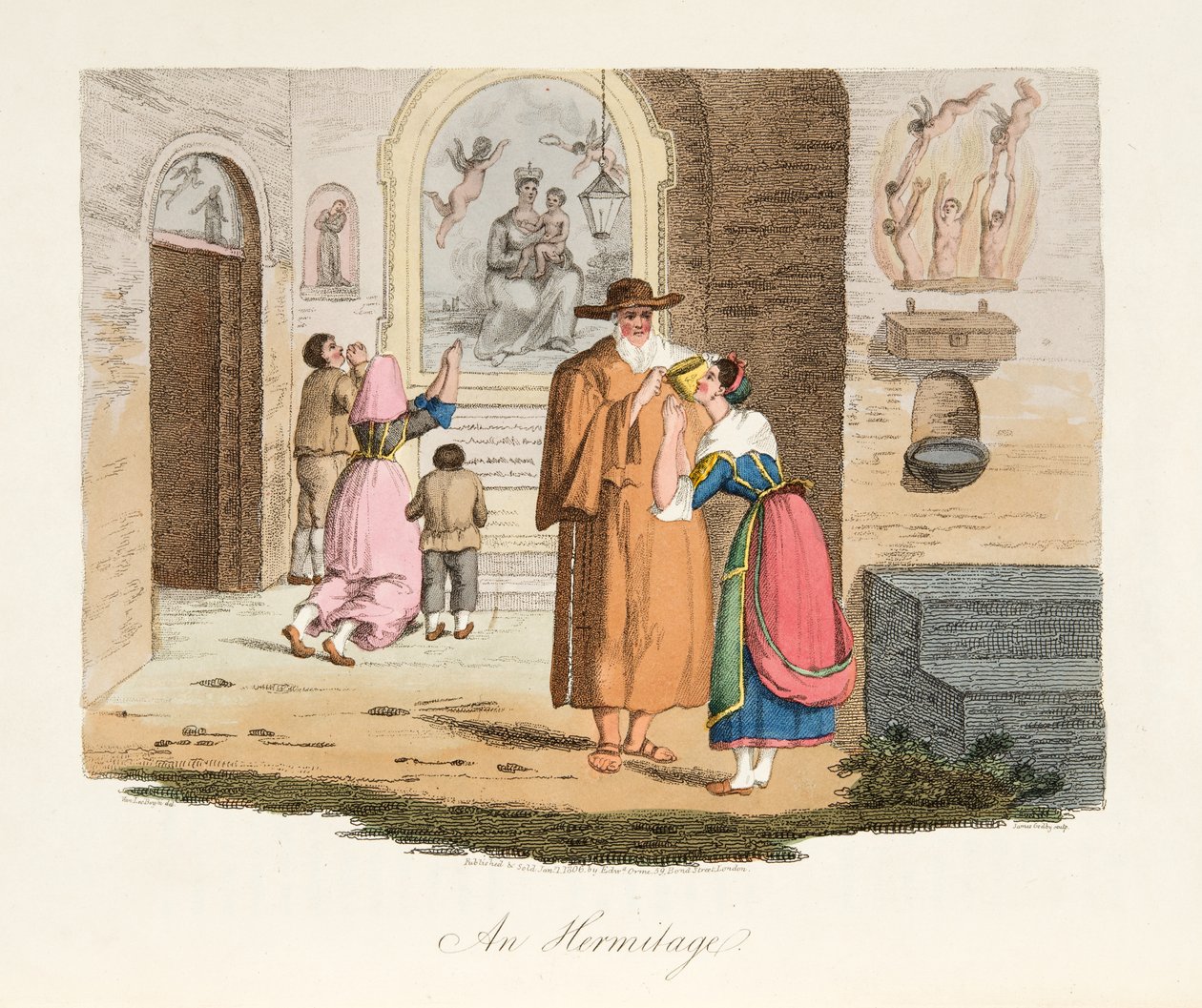 Capua Ermitázsa, az olasz díszletből, Olaszország különböző államainak modorait, szokásait és szórakozásait képviseli, kocsma. 1806 (kézzel színezett metszet) alkotó: after P. van Lerberghi