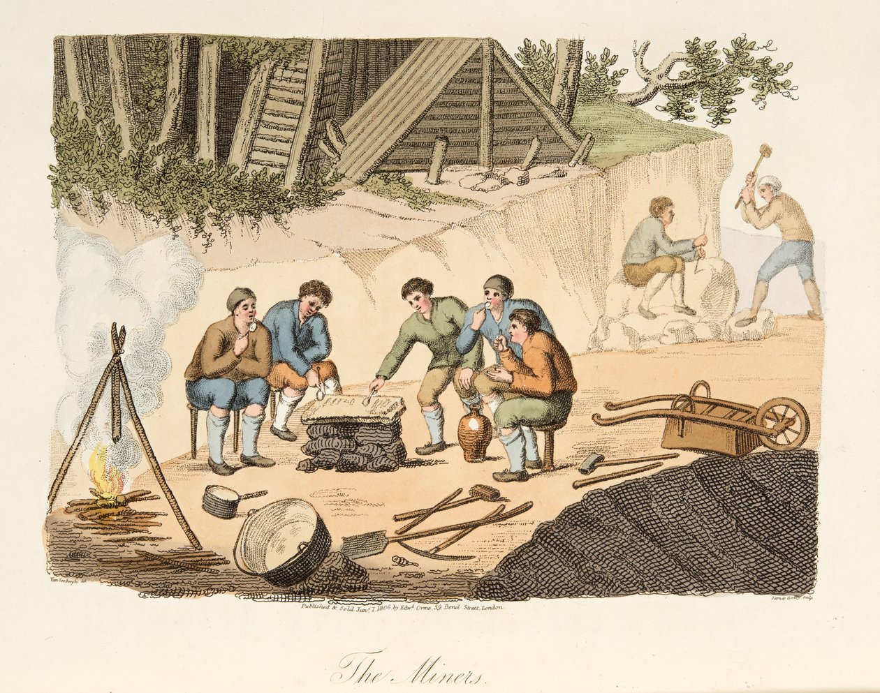 The Quarrymen of Grisante, az olasz tájból, Olaszország különböző államainak modorait, szokásait és szórakozásait képviseli, pub. 1806 (kézzel színezett metszet) alkotó: after P. van Lerberghi