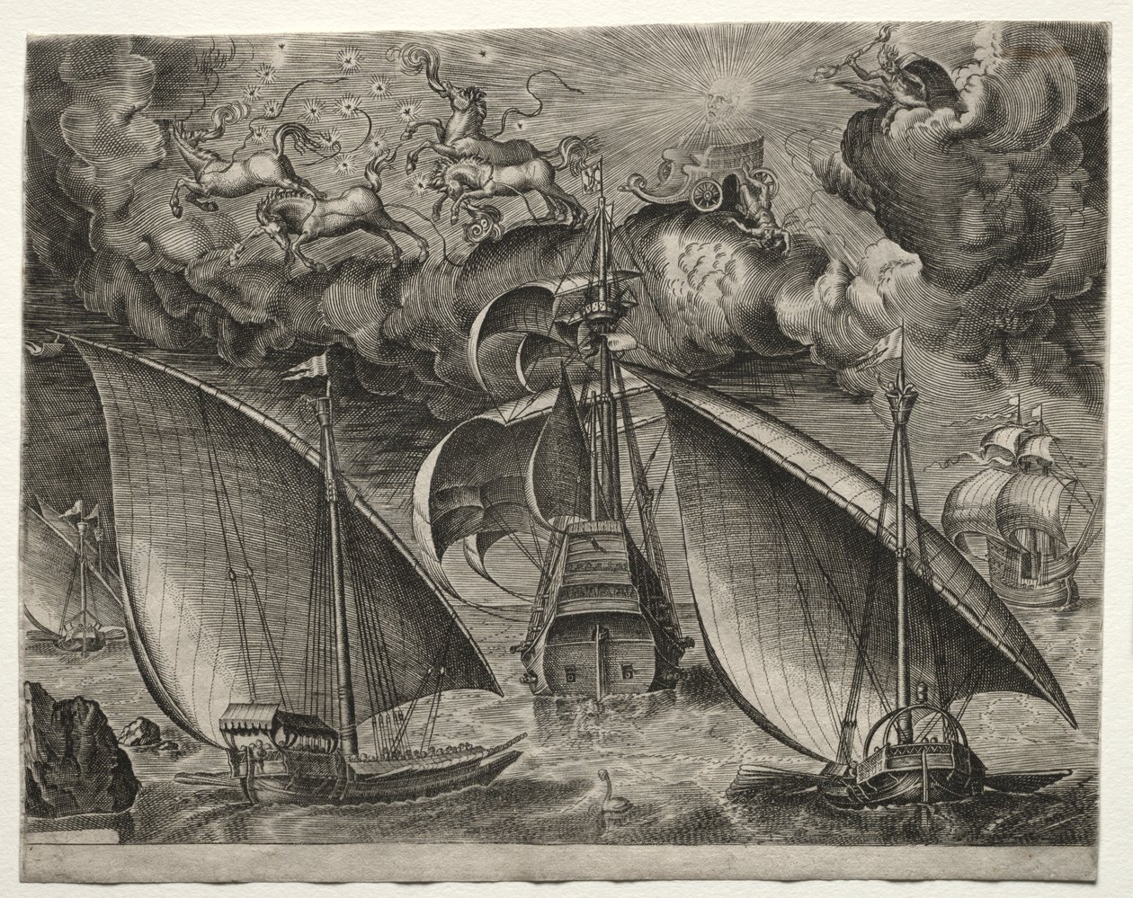 Vitorlás hajók: két gálya vitorlázik egy fegyveres háromfős mögött Phaetonnal és Jupiterrel az égen alkotó: after Pieter Bruegel