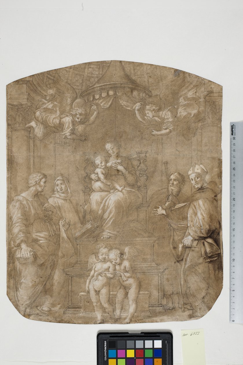 Madonna és gyermeke Szent Péterrel, Bernárddal (vagy Brunóval), Jakabbal, Ágostonnal és négy angyallal, Madonna del Baldacchinóval alkotó: after Raphael