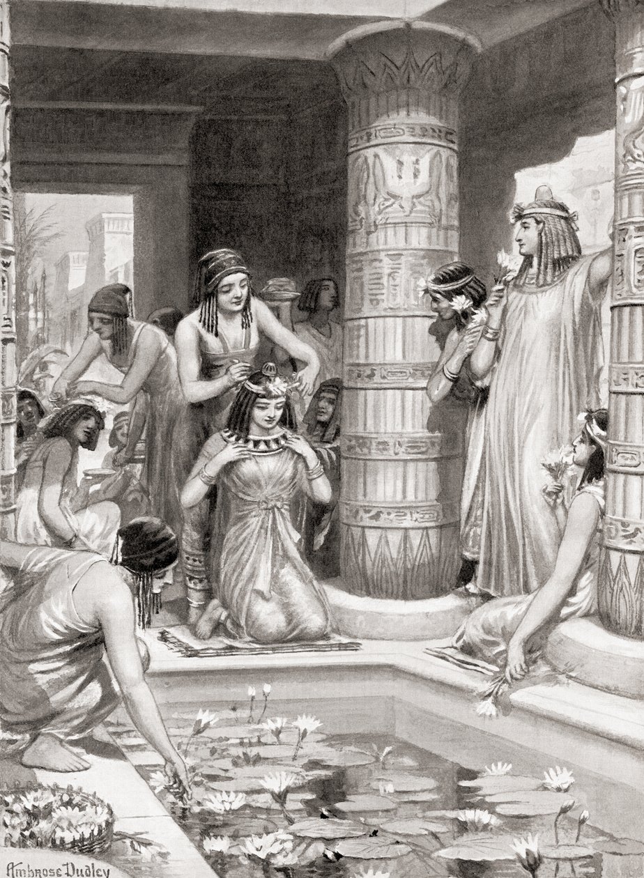 Az ókori Egyiptomba vacsorázni érkező vendégek láb- és kézmosáshoz vizet kaptak, illatos olajjal megkenve és virágfüzérekkel megkoronázva, a Hutchinsons History of the Nations kocsmából. alkotó: after Robert Dudley