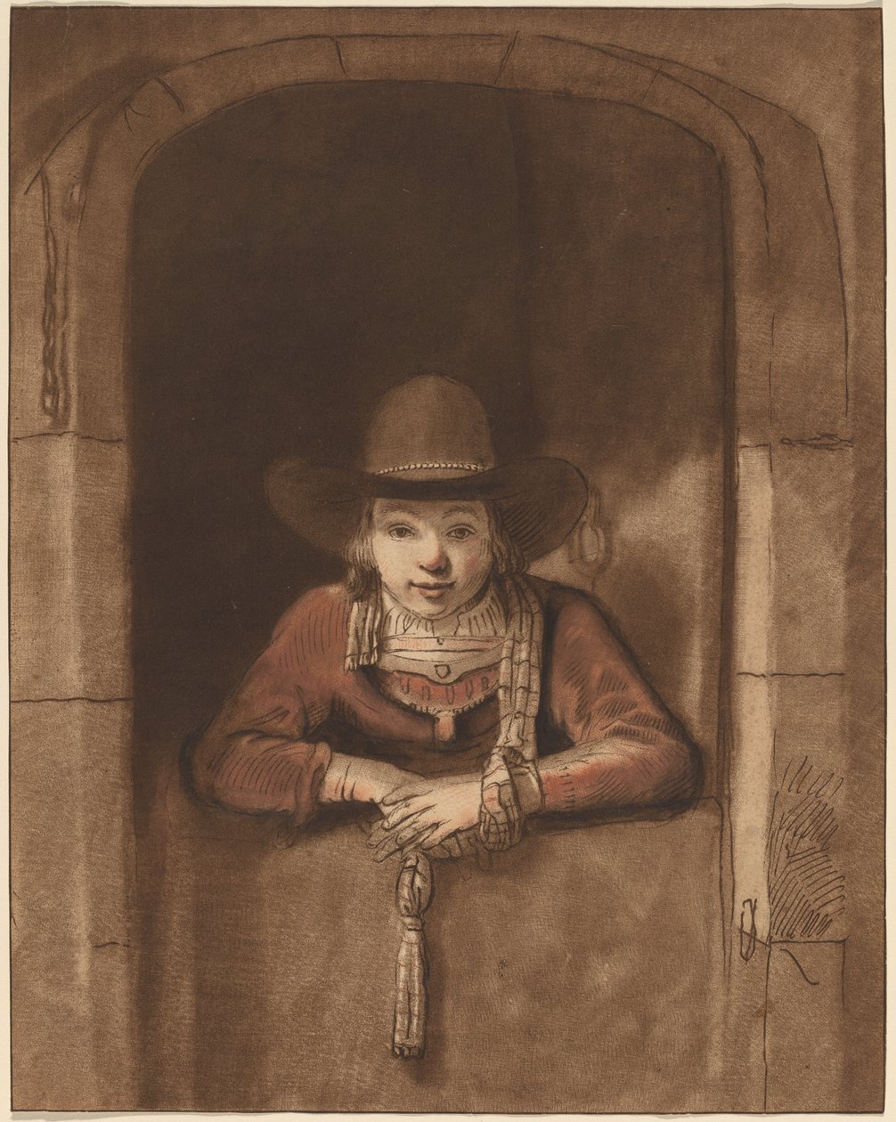 Fiú egy alsó ajtó fölé hajolva alkotó: after Samuel van Hoogstraten Cornelis Ploos