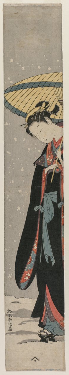 Fiatal nő séta a hóban esernyővel alkotó: after Suzuki Harunobu