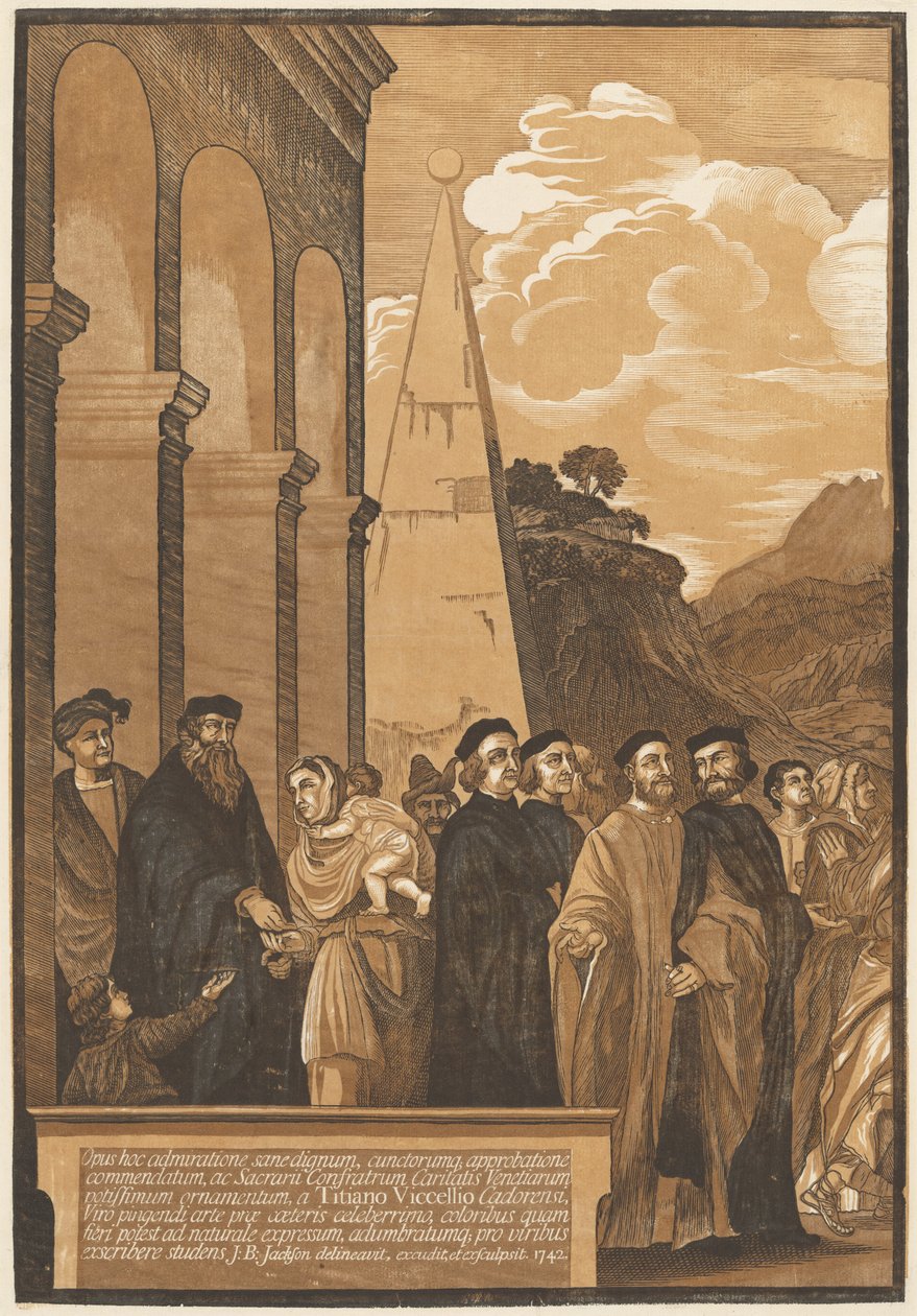 A Szűz bemutatása a templomban (bal oldali panel) alkotó: after Titian John Baptist Jackson