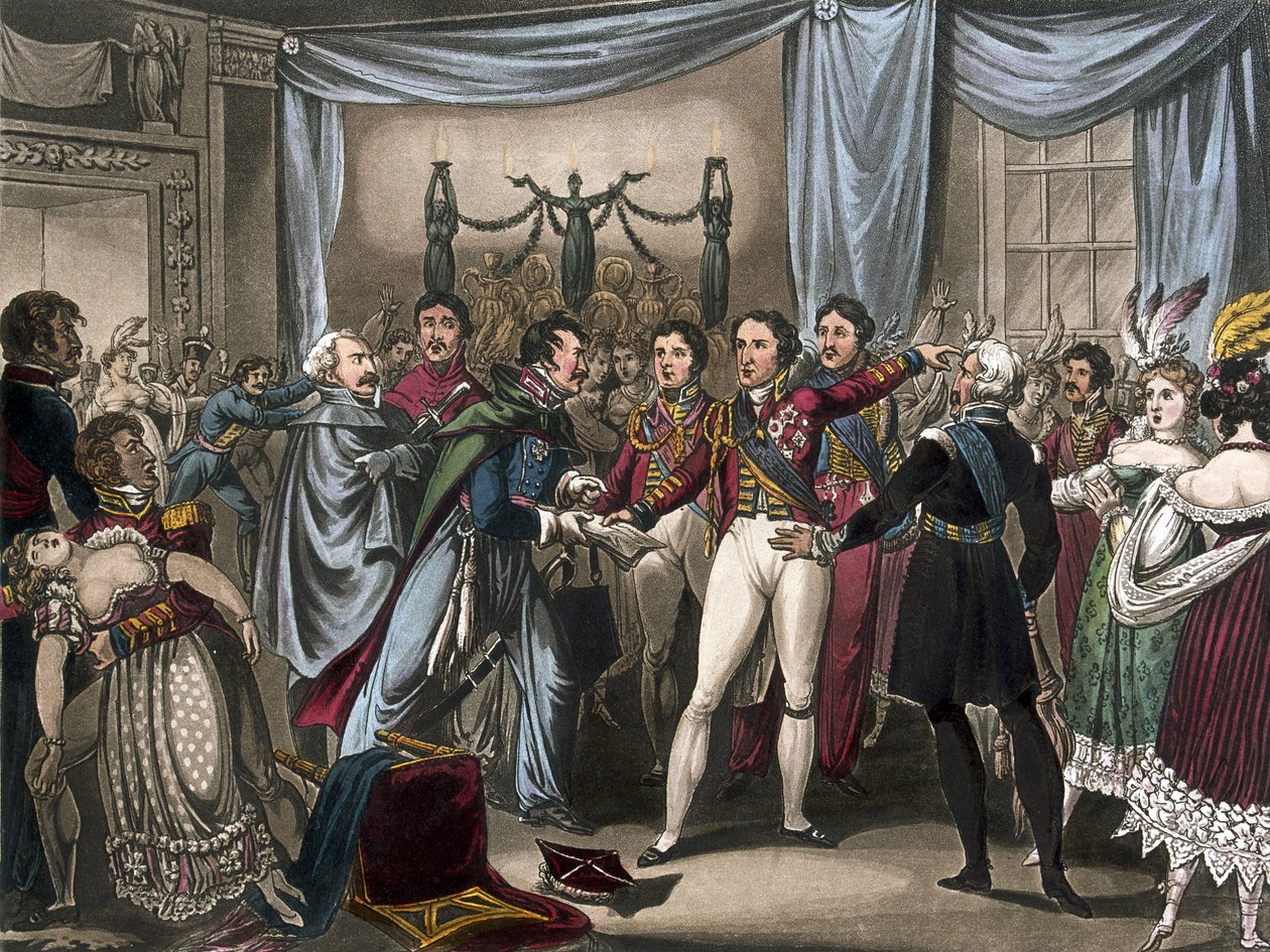 A ligny-i csata hírszerzése, 1818 (színes akvatinta) alkotó: after William Heath