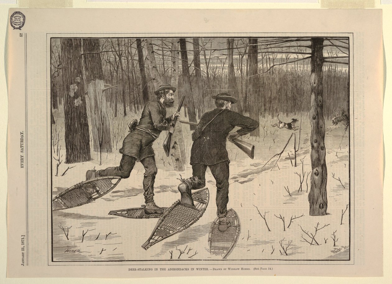 Szarvasvadászat az Adirondacks-ben télen, minden szombaton, 1871. január 21-én, p. 57 alkotó: after Winslow Homer