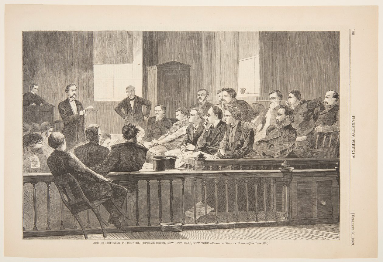 Ügyvédet hallgató esküdtek, Legfelsőbb Bíróság, New City Hall, New York alkotó: after Winslow Homer