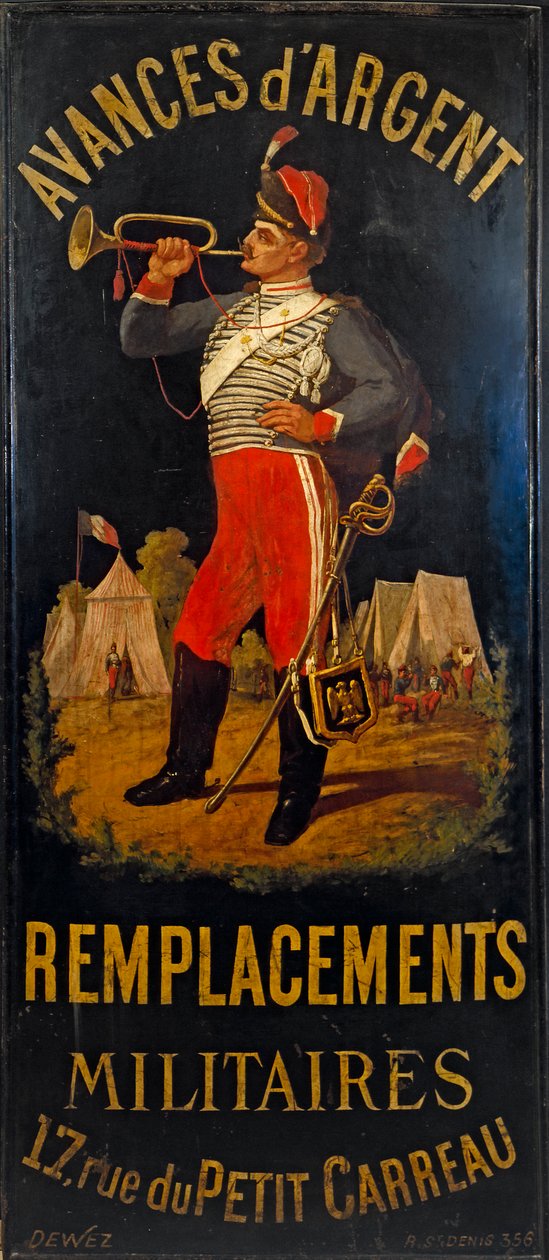 Francia: Au hussard. Katonai helyettesítő iroda jele. 17 rue des Petits- Carreaux, 11. kerület, Párizs. alkotó: anonymous 