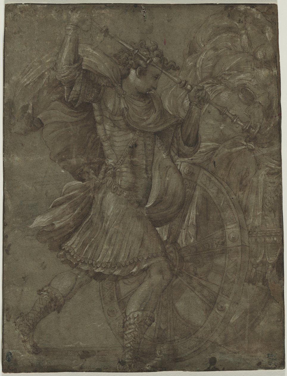 Férfi páncélban egy szekér mellett alkotó: assistant of Francesco Salviati
