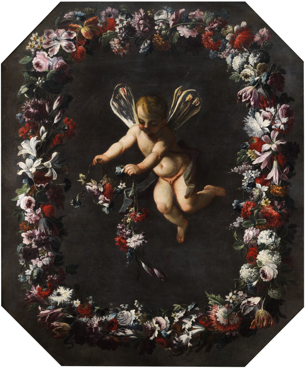 Puttó szitakötő szárnyakkal virágkoszorúban. Olaj, vászon. 191 x 161 cm alkotó: attributed to Giovanni Stanchi Dei Fiori