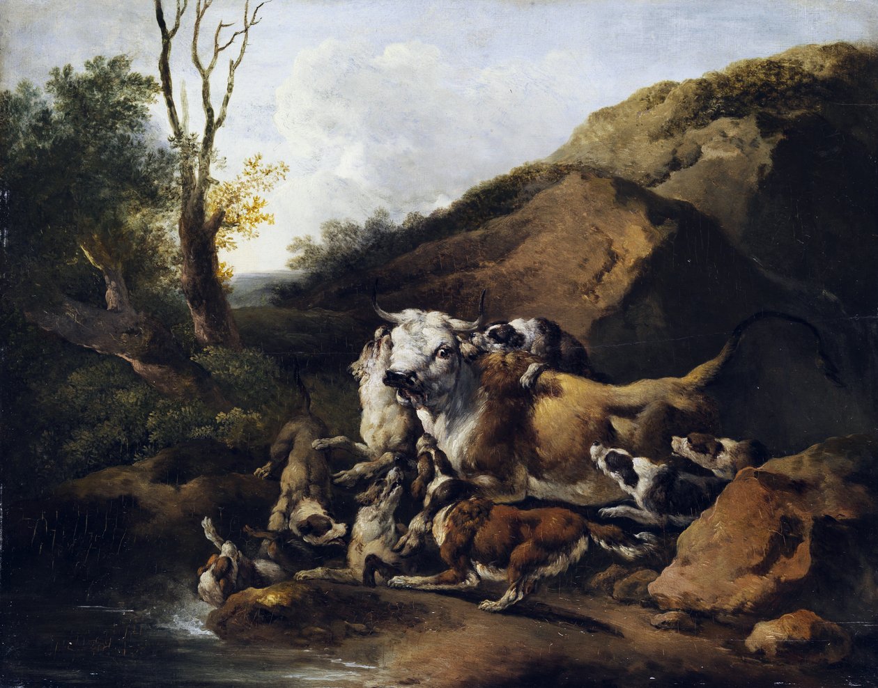 Aurochok harcolnak egy falka vadászkutyával alkotó: attributed to Johann Heinrich Roos