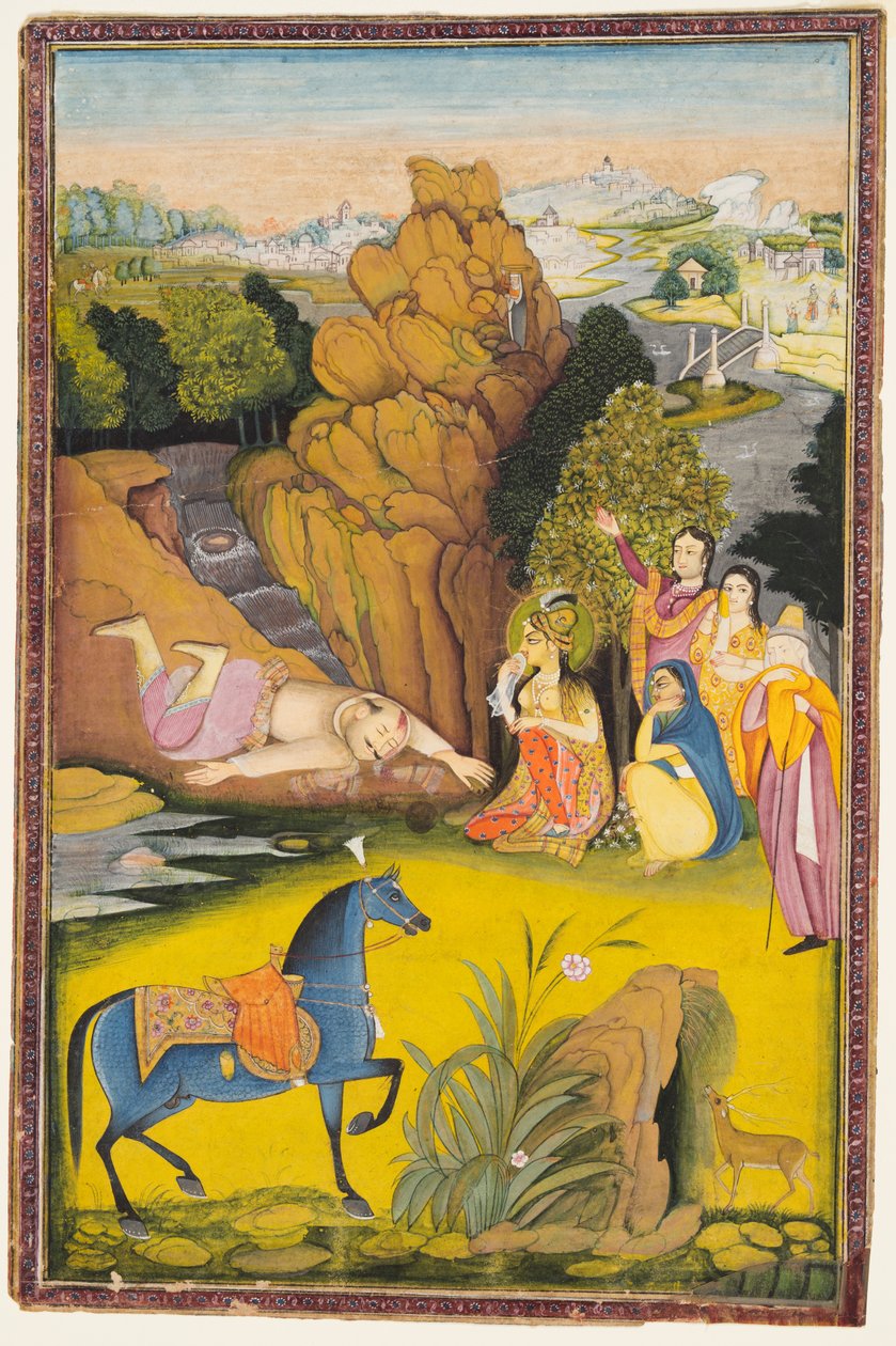 Farhad megöli magát, miután meghallotta Shirin haláláról szóló hamis hírt alkotó: attributed to Amar Das Bhatti