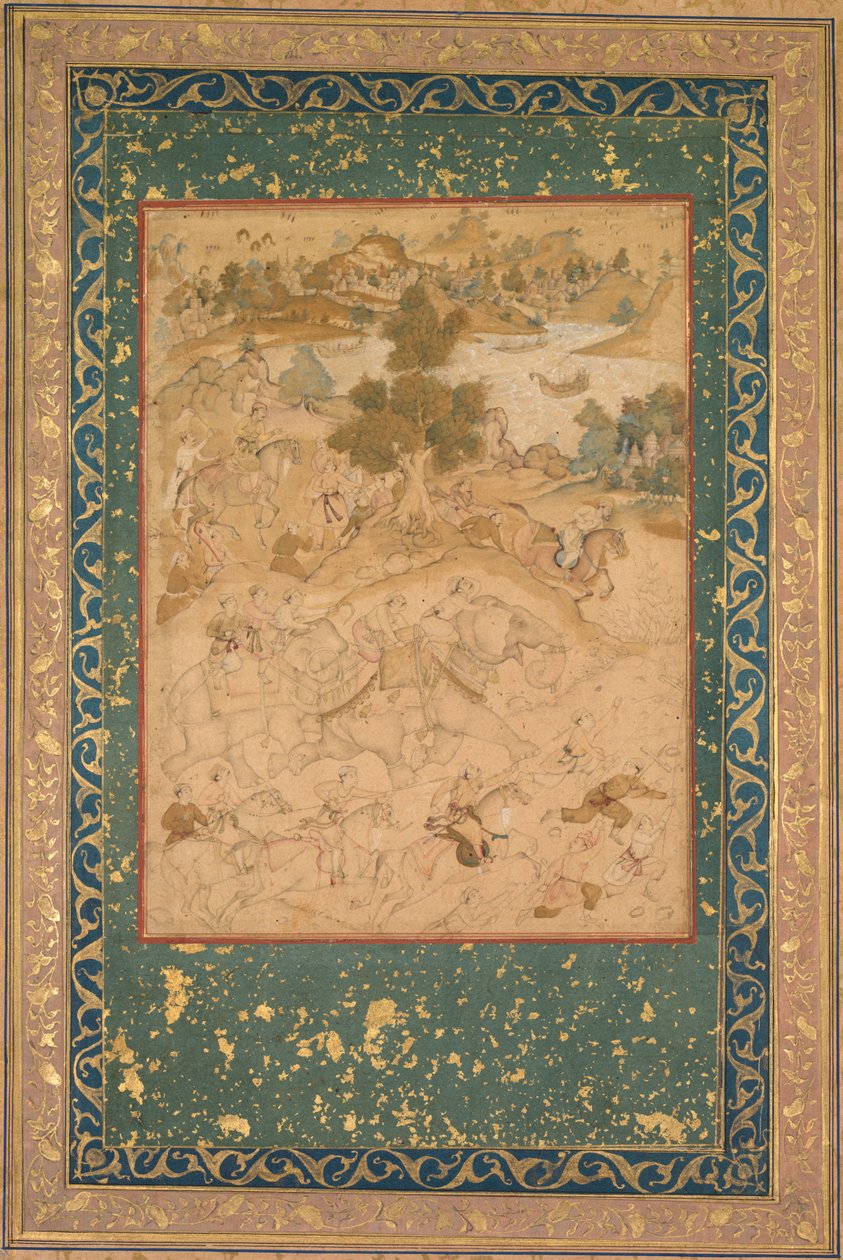 Akbar felügyeli a vadon élő elefántok befogását Malwában 1564-ben, 90 festményt Abu