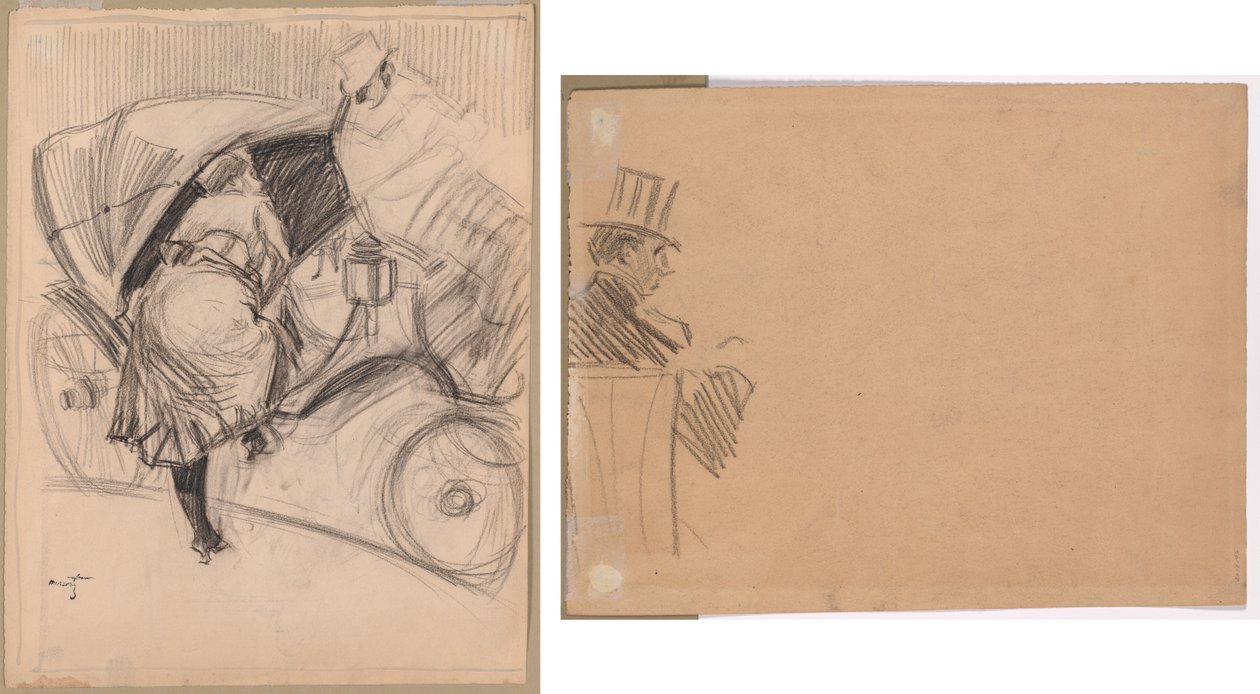 Fiacre belépő nő (recto); Magas kalapot viselő férfi megfelelő profilja (verso) alkotó: attributed to Jean Louis Forain