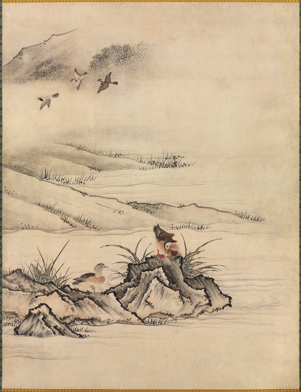 Virágok és madarak egy tavaszi tájon alkotó: attributed to Kano Motonobu