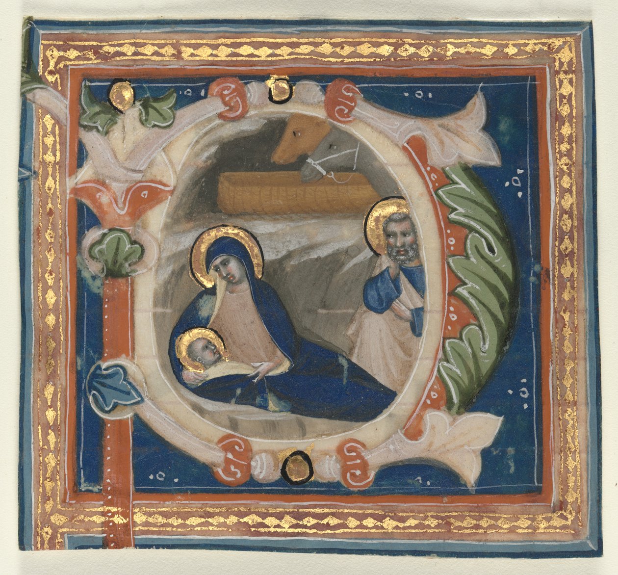 Történeti kezdőbetű (P) kivágott egy fokozatból: A születés alkotó: attributed to Lippo Vanni