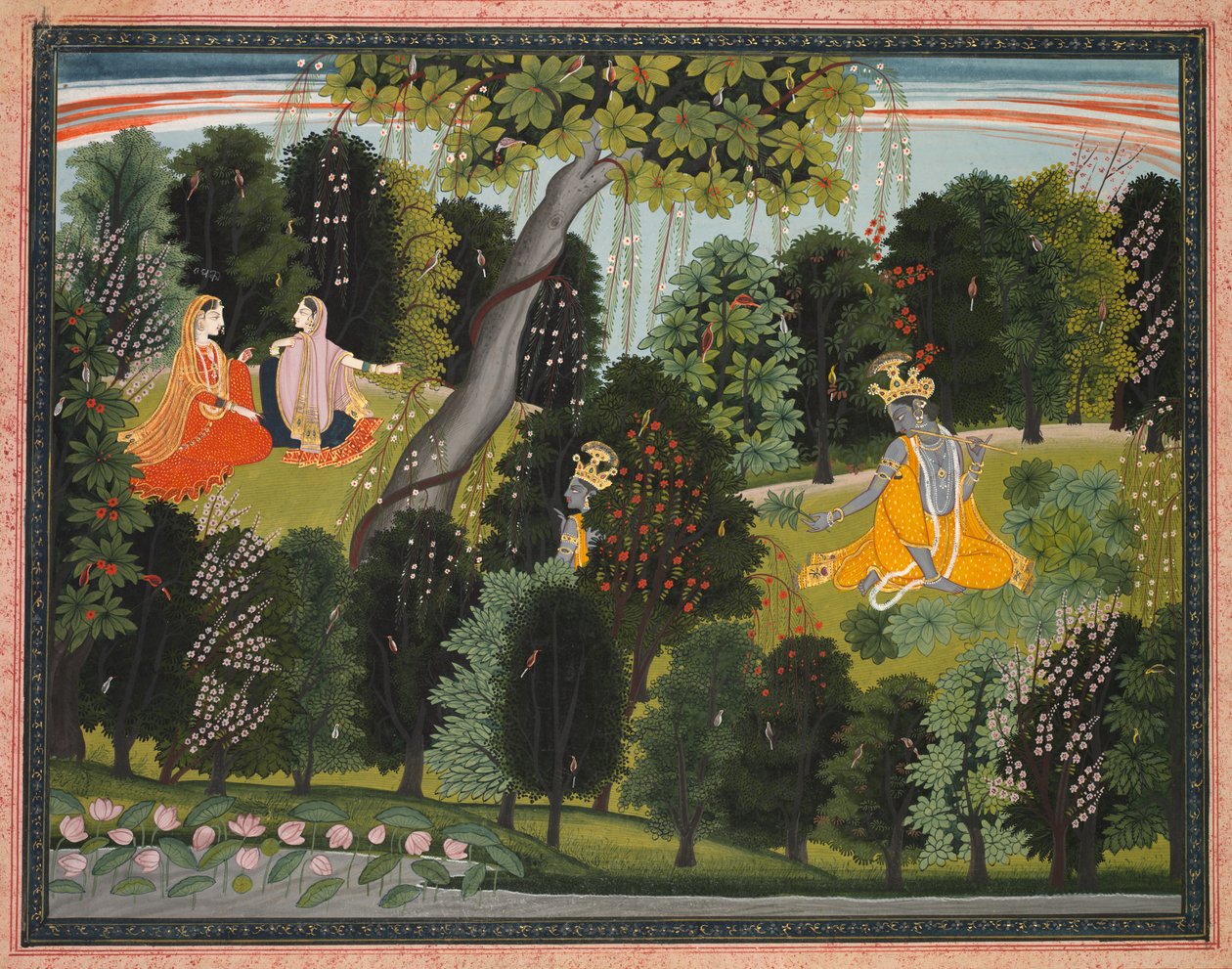 Sakhi ráveszi Radhát, hogy találkozzon Krishnával, a Jayadeva Gita Govindájából (A tehénpásztor éneke) alkotó: attributed to Purkhu