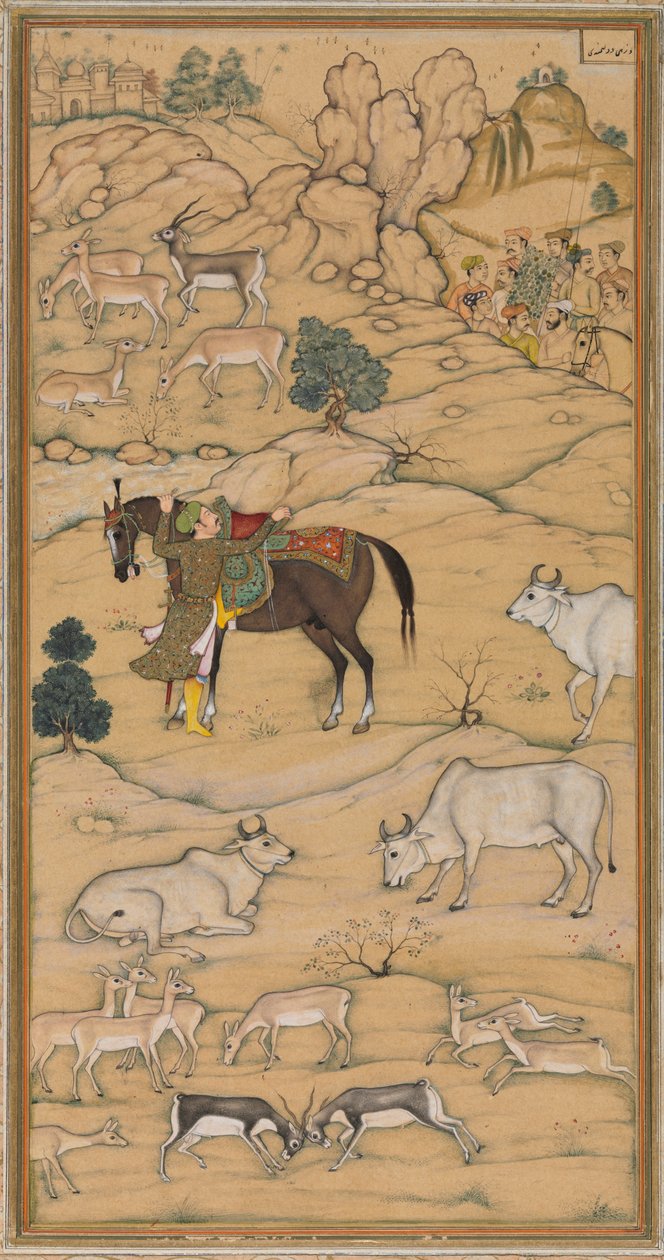 Akbar lóra ül; oldal a Chester Beatty Akbar Nama-tól (Akbar története) alkotó: attributed to Sur Das Gujarati