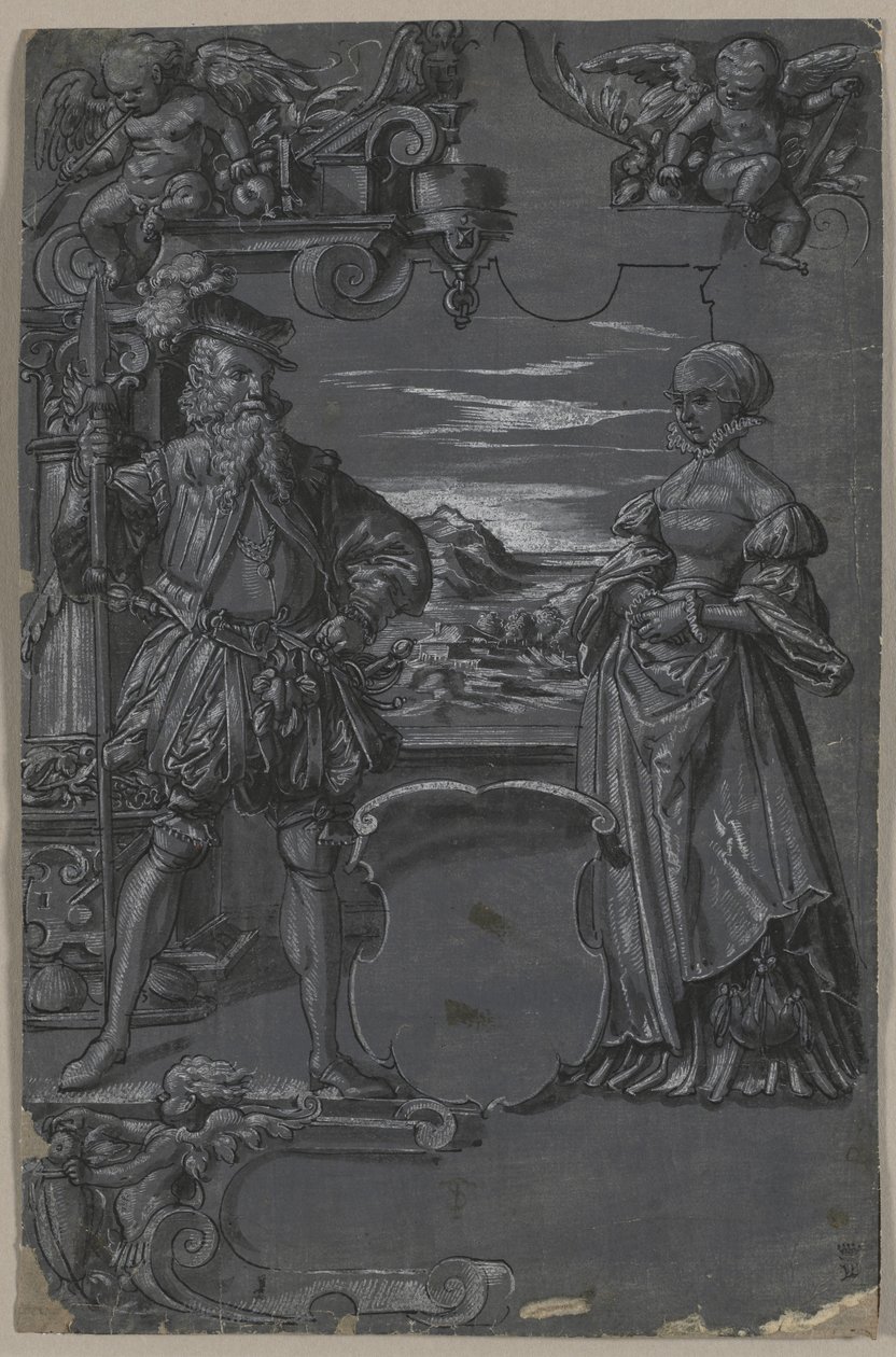 Tervezés üvegfestéshez: Férfi és nő építészeti környezetben alkotó: attributed to Tobias Stimmer