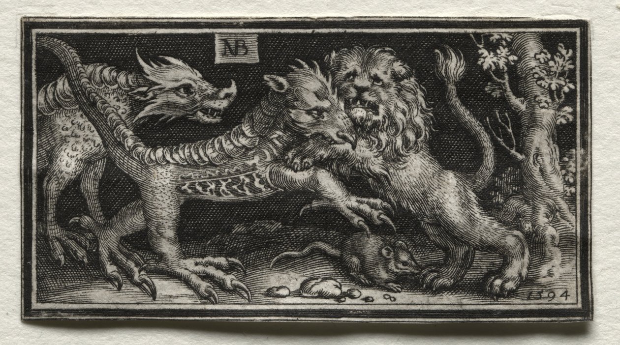 Oroszlán harcol két vadállat ellen alkotó: attributed to Tobias Stimmer