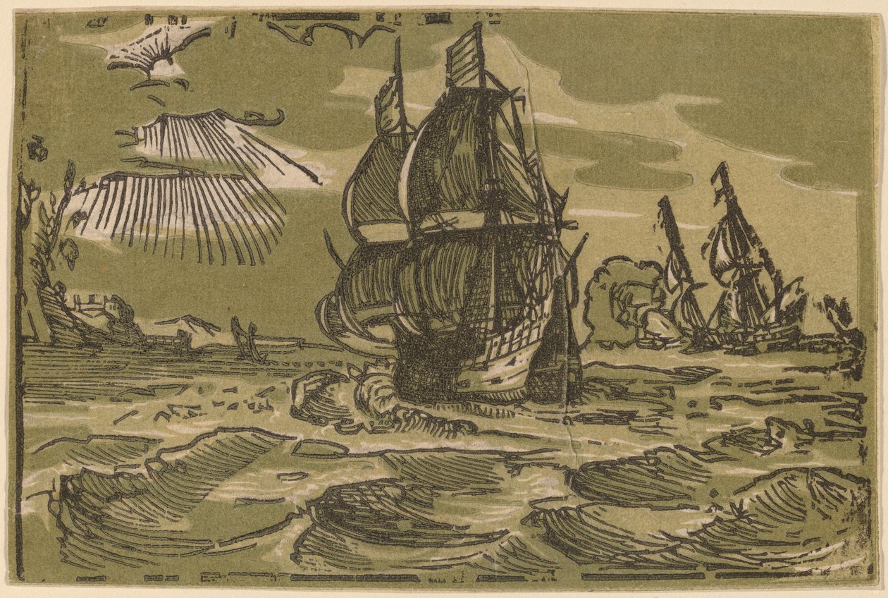 Két háromfős hajó egy partvonal mellett alkotó: attributed to workshop of Willem Jansz. Blaeu