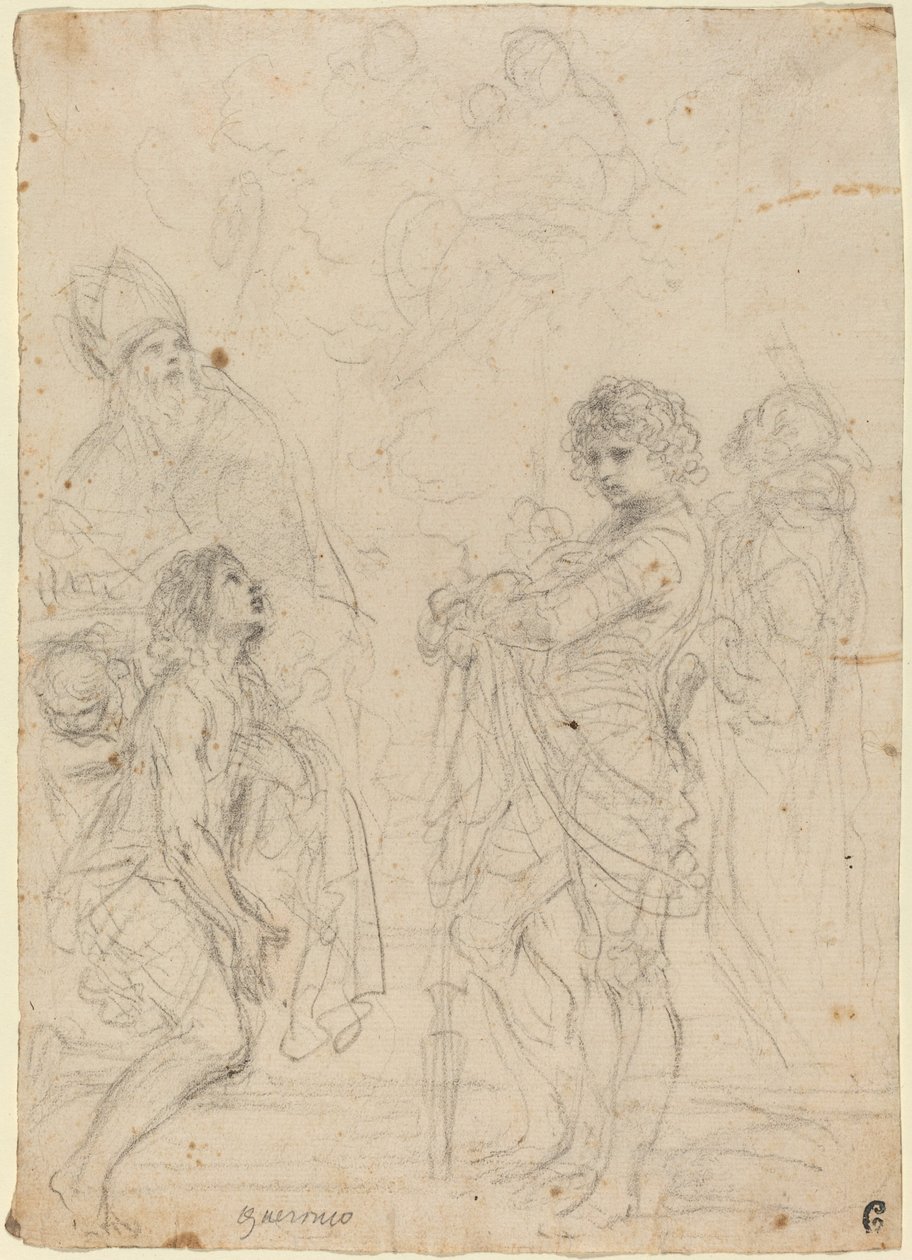 Madonna és gyermeke szentekkel, Gimignanoval, Keresztelő Jánossal, Györggyel és Péter vértanúval alkotó: called Guercino Giovanni Francesco Barbieri