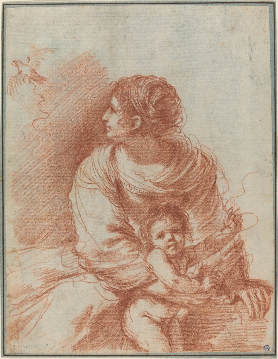 A Madonna és a gyermek egy megszökött aranypinccsel alkotó: called Guercino Giovanni Francesco Barbieri