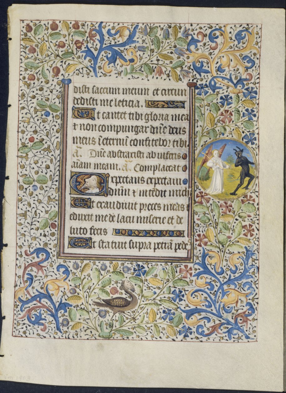 Levél az órák könyvéből: Ördögöt kergető angyal (recto) alkotó: circle of Coëtivy Master