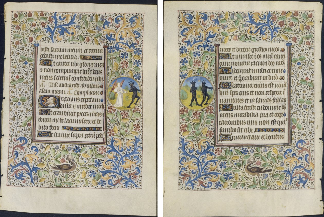 Levél az órák könyvéből: Ördögöt kergető angyal (recto) és Két ördög (verso) alkotó: circle of Coëtivy Master