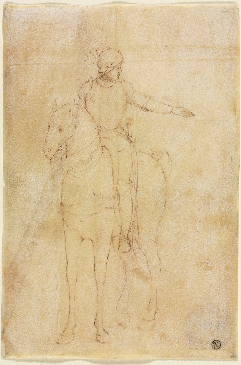 Páncélozott figura lóháton alkotó: circle of Vittore Carpaccio
