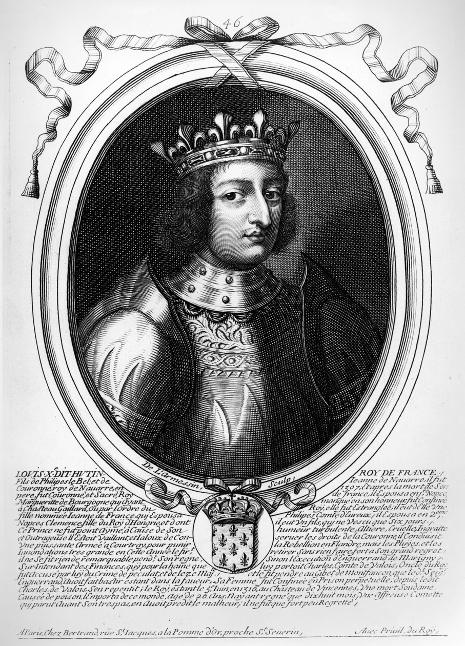 X. Lajos (1289-1316) Makacs, Franciaország és Navarra királya, a „Les Augustes Representations de tous les Rois de France Pharamondtól XIV. Lajosig”, Párizs, 1679 alkotó: Nicolas II de Larmessin