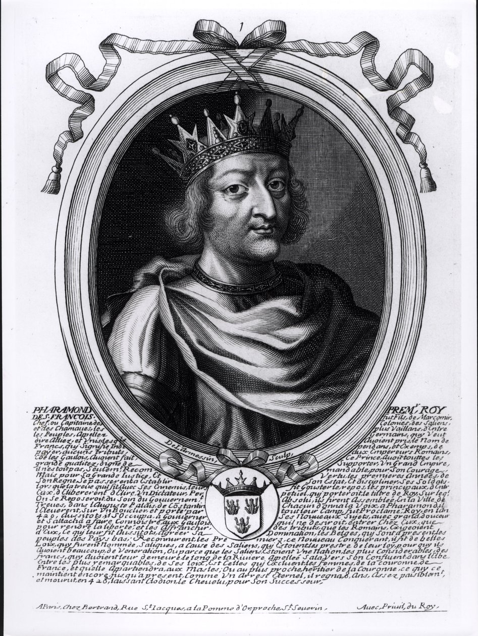 Pharamond (†427) legendás francia király, a Les Augustes Representations de tous les Rois de France Pharamondtól XIV. Lajosig, Párizs, 1679 alkotó: Nicolas II de Larmessin