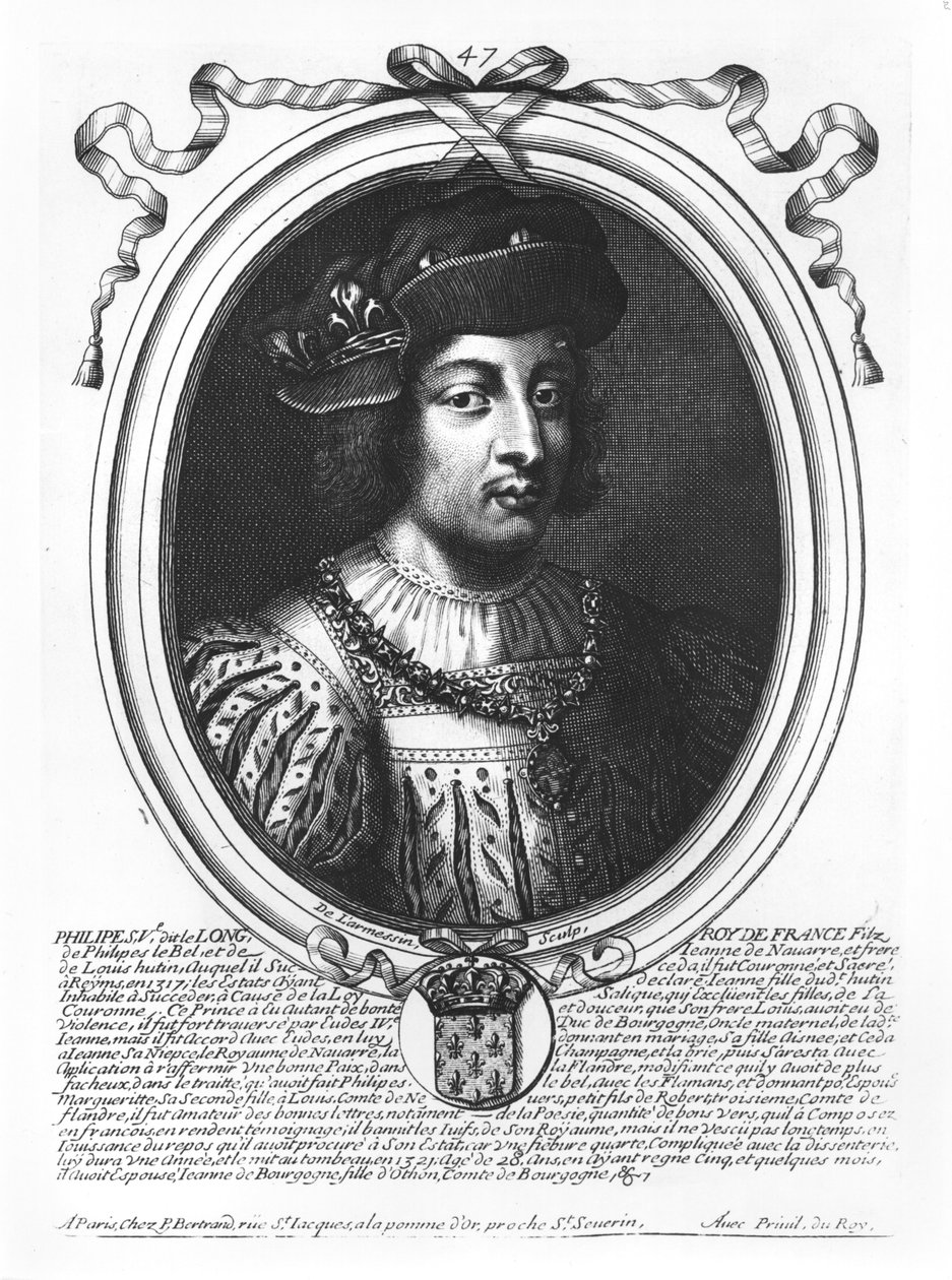 Magas V. Fülöp (kb. 1294-1322) Franciaország királya, a „Les Augustes Representations de tous les Rois de France Pharamondtól XIV. Lajosig”, Párizs, 1679 alkotó: Nicolas II de Larmessin