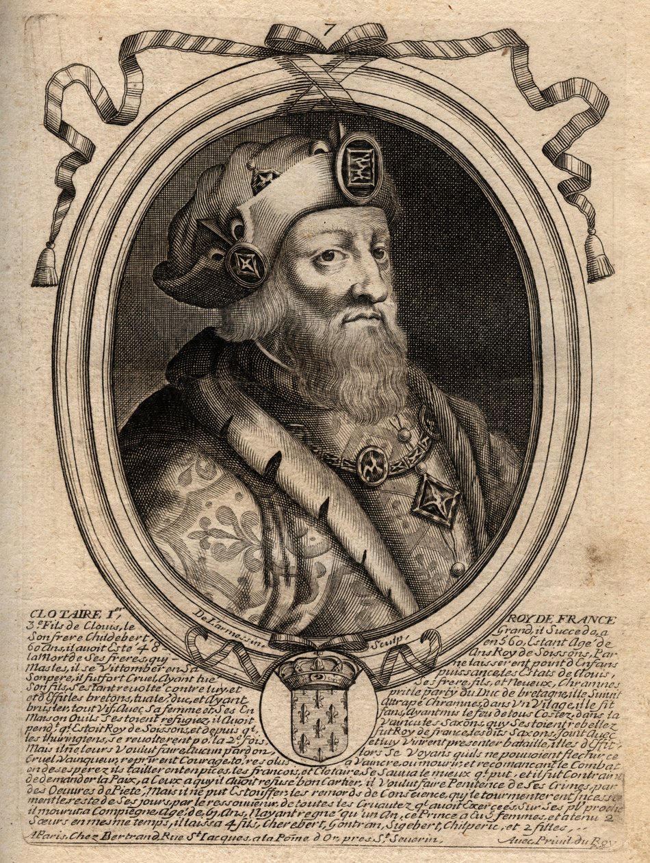 Clotaire (Clothaire) I (497–561), Neustria királyának és a frankok királyának portréja – I. Clothar, a frankok királya – metszet a „Les Augustes Representations de tous les Kings de France from Pharamond to LouisXIV” című könyvéből, Párizs alkotó: de Larmessin