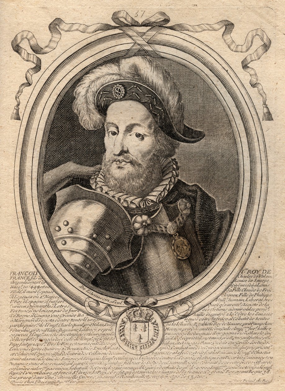 I. Francois (1494-1547), francia király portréja – I. Ferenc francia király – metszet a „Les Augustes Representations de tous les Kings de France from Pharamond to LouisXIV” című könyvből, Párizs alkotó: de Larmessin