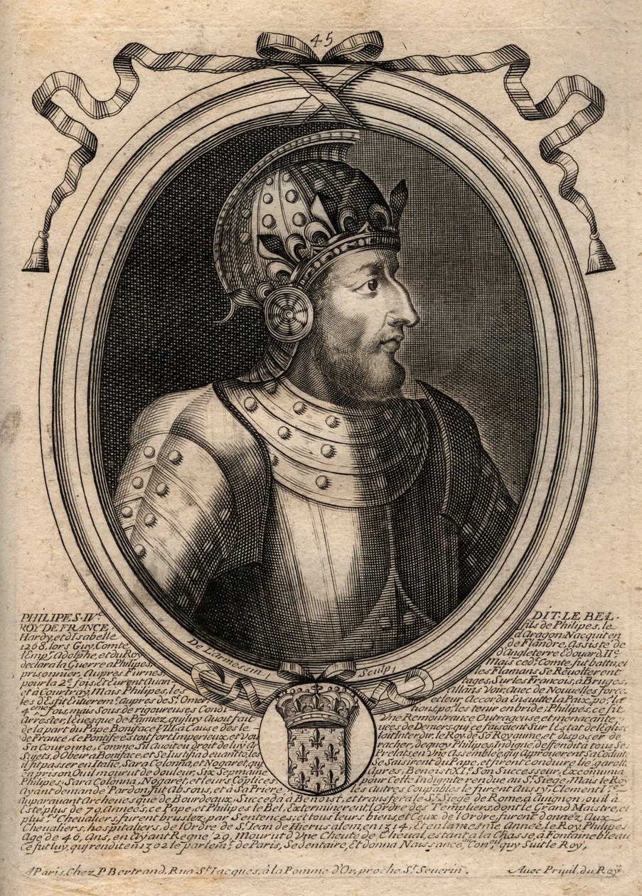 IV. Bél Fülöp (1268-1314), francia király portréja – IV. Szép Fülöp (1268-1314) francia király – metszet a „Les Augustes Representations de tous les Kings de France from Pharamond to LouisXIV” című könyvből, Párizs alkotó: de Larmessin