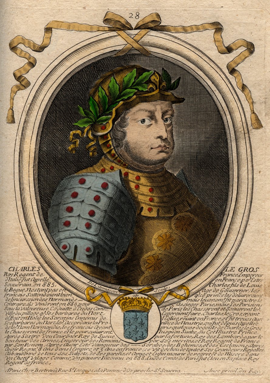 Karoling-dinasztia: III. Károly Le Gros (839-888) frankok királyának portréja – III. Kövér Károly – metszet a „Les Augustes Representations de tous les Kings de France from Pharamond to LouisXIV” című könyvéből, Párizs alkotó: de Larmessin