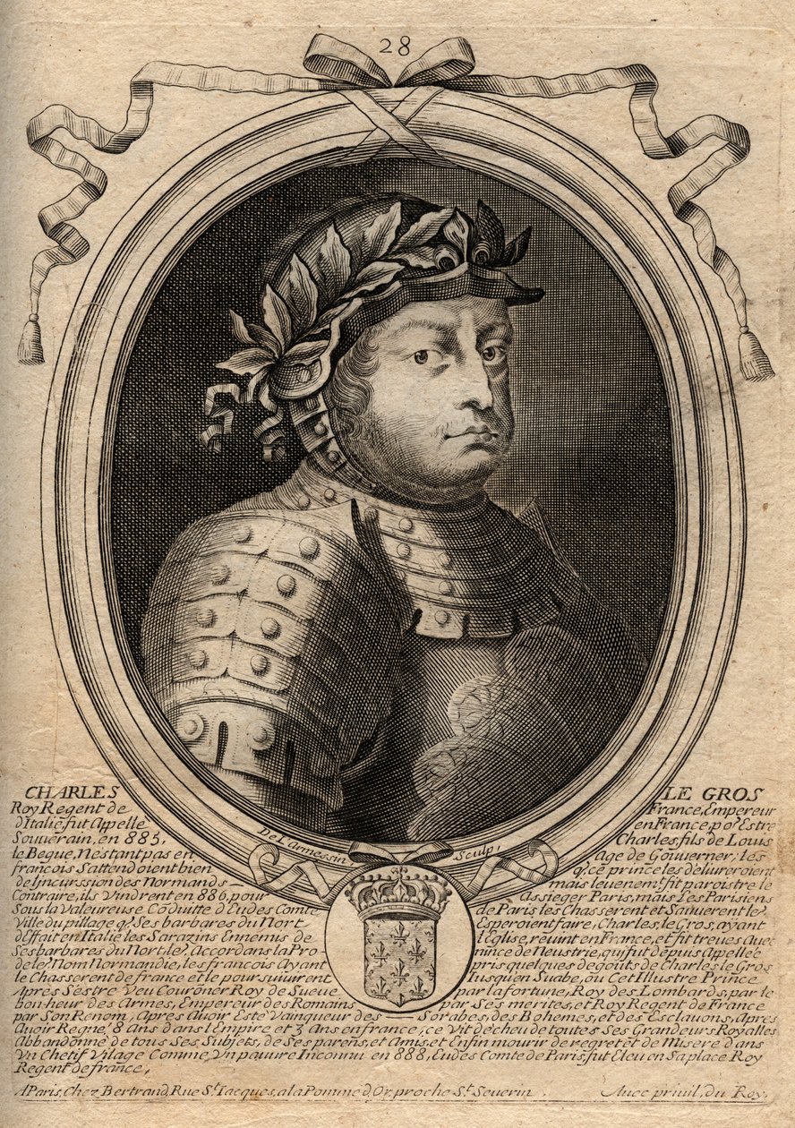Karoling-dinasztia: III. Károly Le Gros (839-888) frankok királyának portréja – III. Kövér Károly – metszet a „Les Augustes Representations de tous les Kings de France from Pharamond to LouisXIV” című könyvéből, Párizs alkotó: de Larmessin