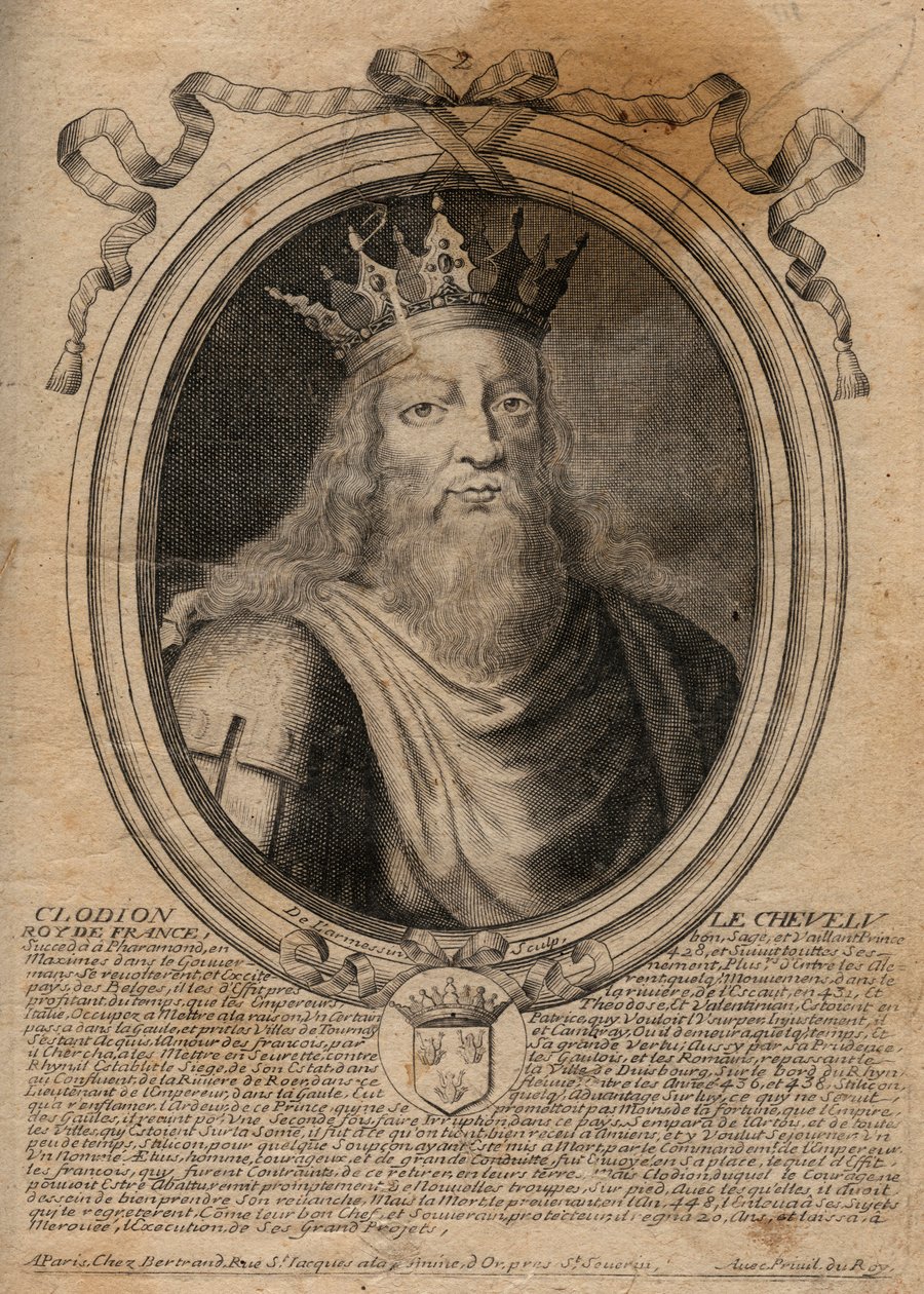 Clodion dit “” Le Chevelu”” (428-448), a merovingok őse, a szaliánok frank főnöke - Clodion, a szőrös (kb. 428-47) a szalian frankok törzsének királya - metszet a 
