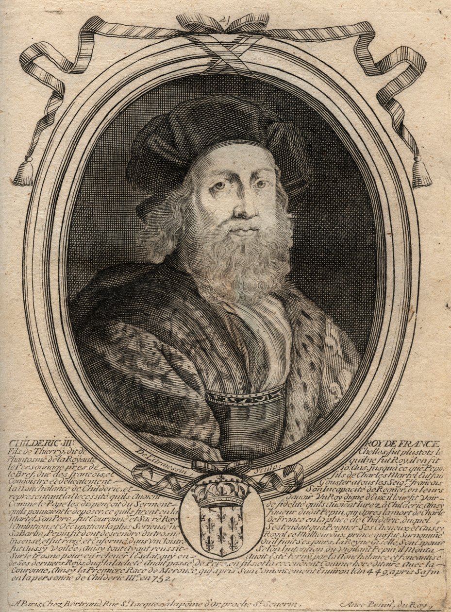 Merovingok dinasztiája: III. Childerik (714-755) frankok királyának portréja – III. CHILDERIK (megh. 754) frankok királya, 741-751 és az utolsó Merovingok – metszet a Les Augustes Representations de tous les könyvéből Kings de France a Pharamondtól alkotó: de Larmessin