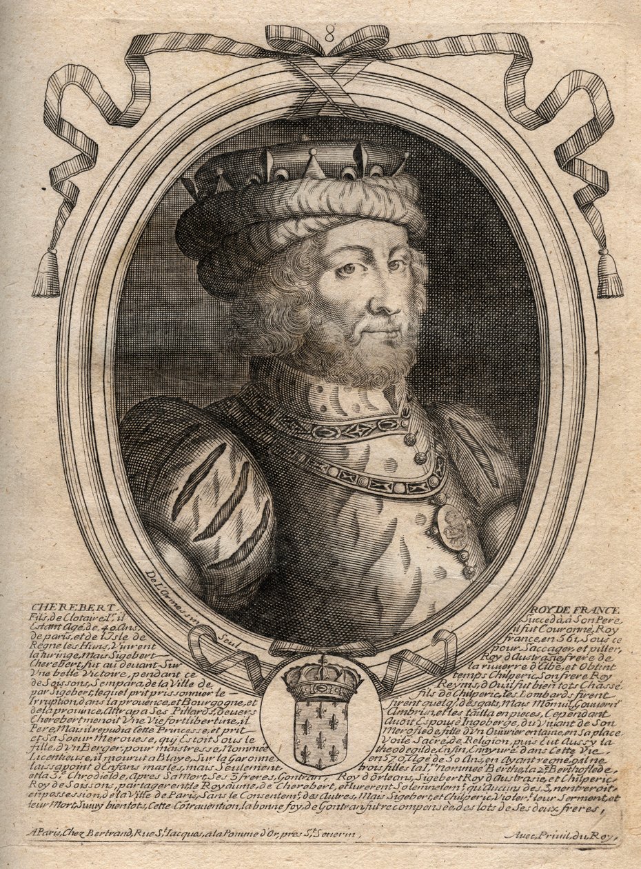 Caribert, a frankok királyának (561-567) portréja – Caribert vagy Charibert († 567) frankok királya – metszet a „Les Augustes Representations de tous les Kings de France from Pharamond to LouisXIV”, Párizs alkotó: de Larmessin